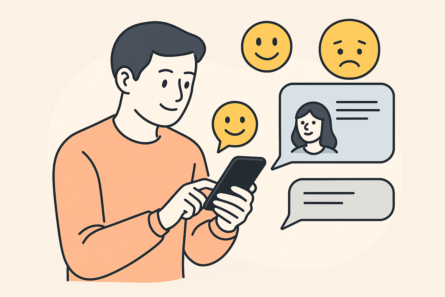 Real user experiences on sugar daddy apps that send money without meeting illustration with smartphone, chat bubbles, happy and sad emojis