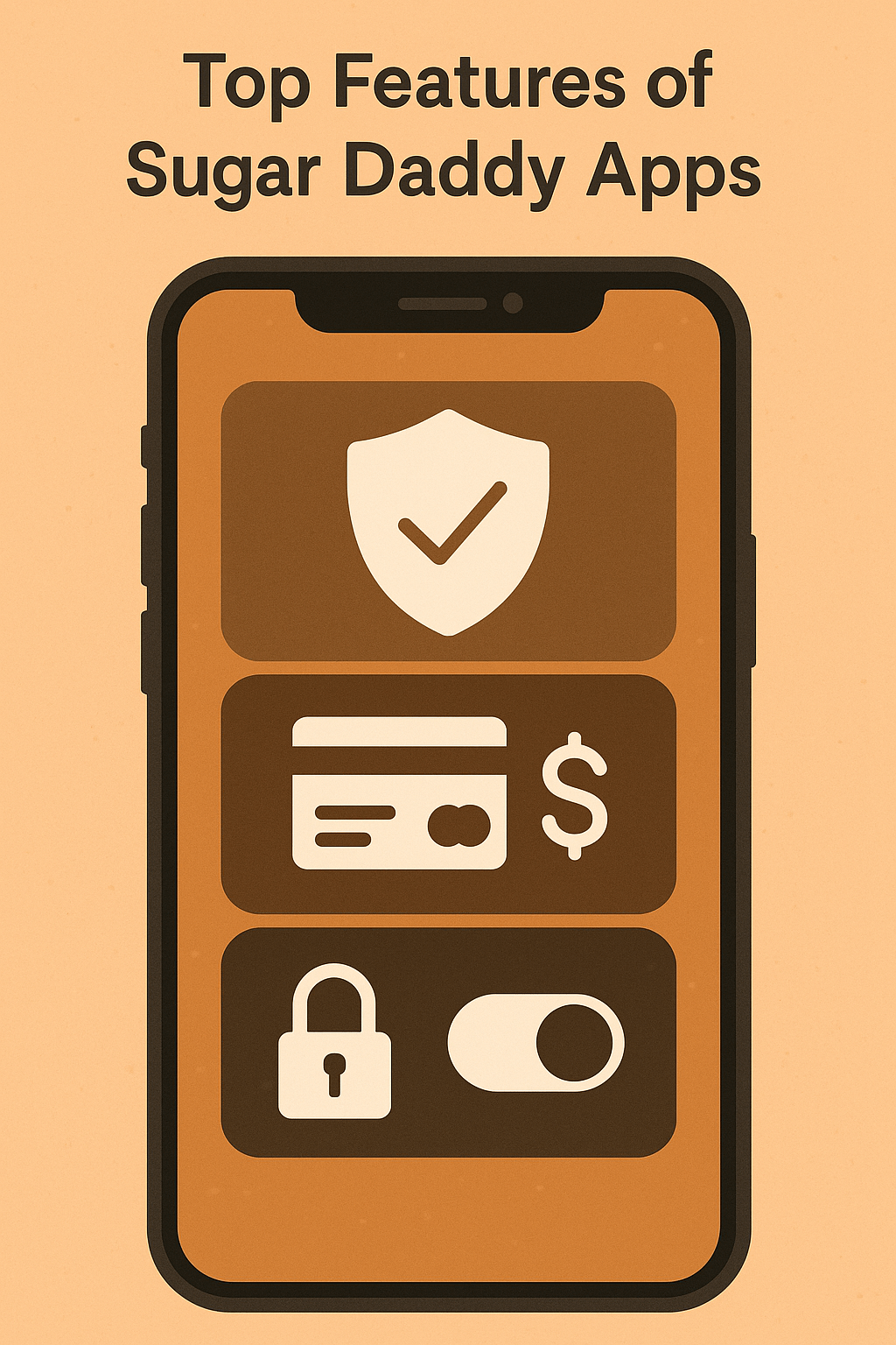 Top features of sugar daddy apps that send money without meeting illustration with smartphone, shield, payment icon, and privacy lock