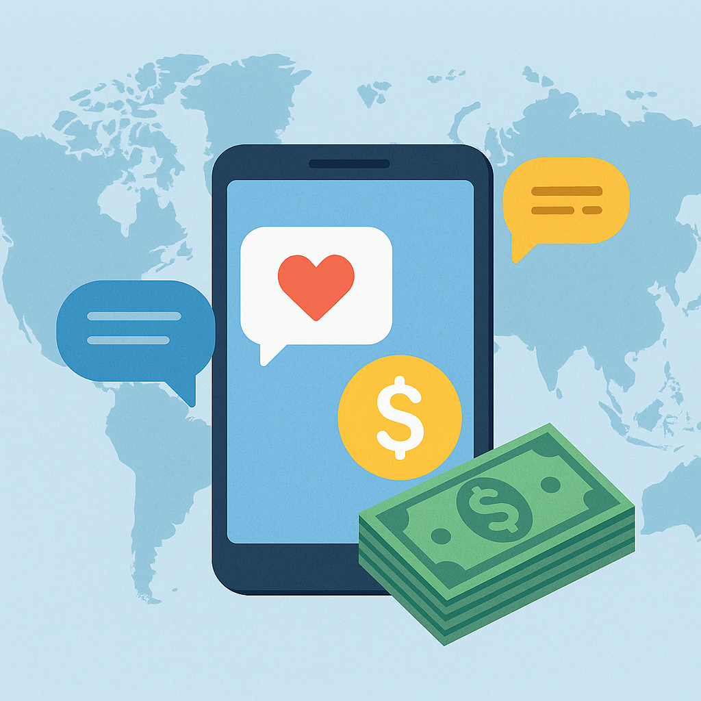 Global availability of sugar daddy apps that send money without meeting illustrated with world map, smartphone, chat bubbles, and money transfer symbols