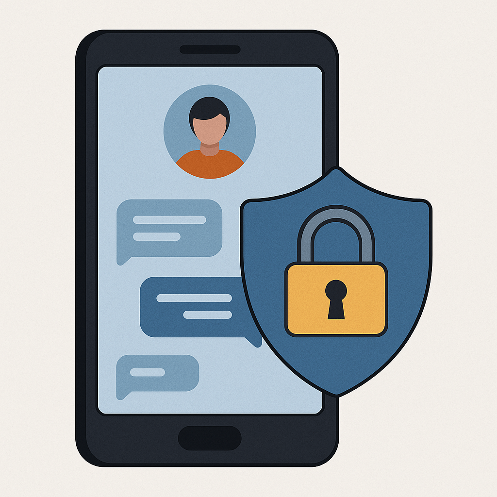 Stay safe on sugar daddy apps without meeting illustration with smartphone, shield, and privacy lock symbol